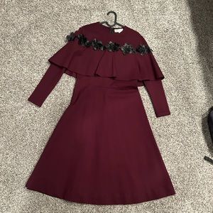Burgundy midi dress with flower appliqué cape